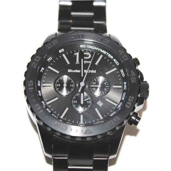 NEW w/Box Studer Schild‎ Dunlop Black Steel Chronograph Mens Watch NEW Battery - Picture 1 of 13